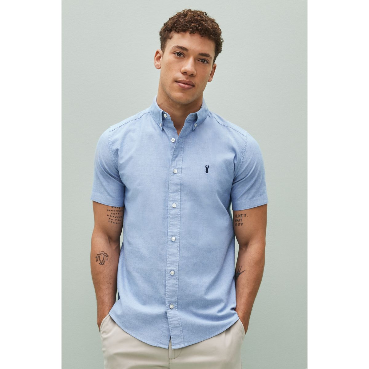 Chemise oxford à manches courtes-avec cerf bleu clair, NEXT
