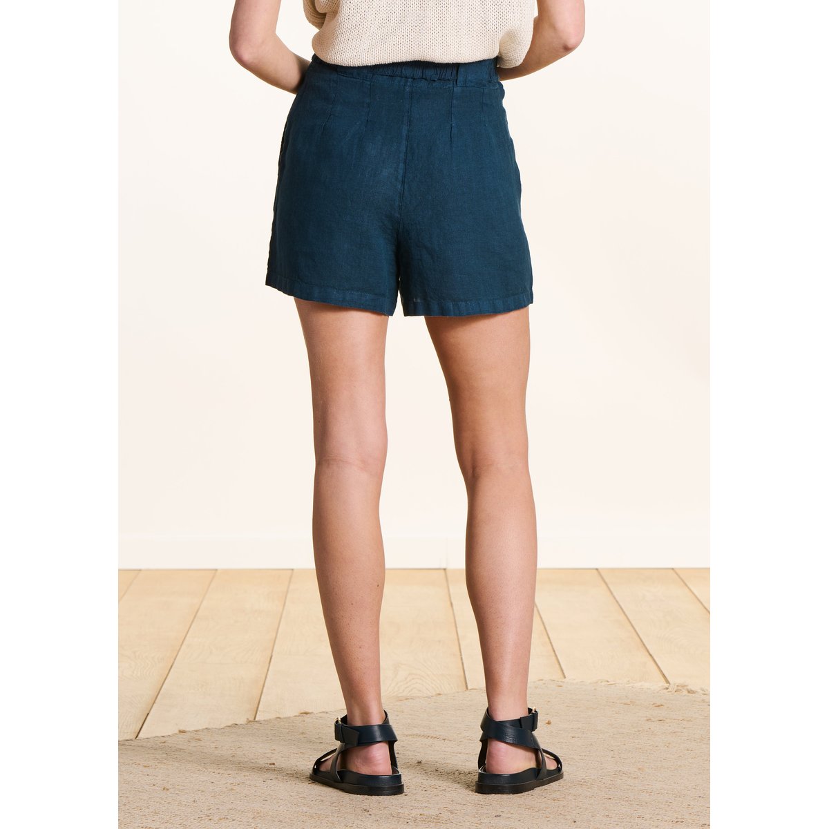 Short large en lin ceinturé petrole, LA FEE MARABOUTEE