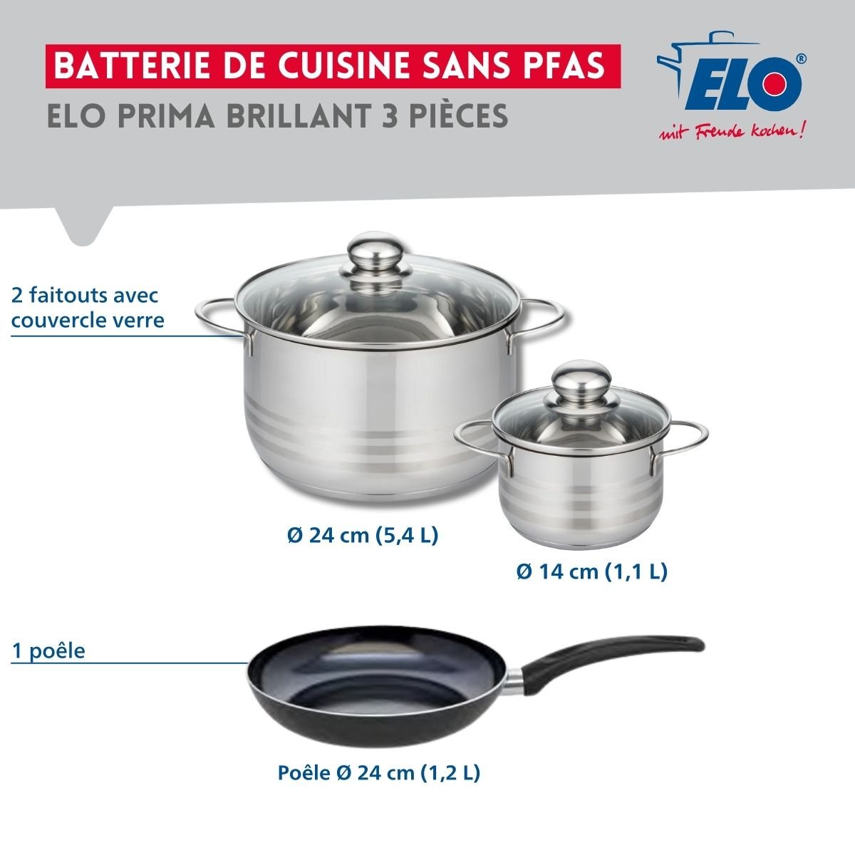 Batterie 1 poêle 24cm + 2 faitouts 14/24cm PRIMA BRILLANT noir, ELO