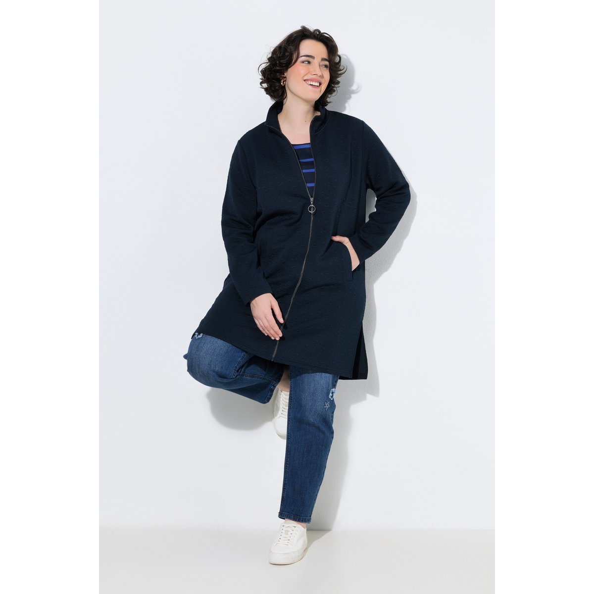 Veste longue en molleton, col montant marine, ULLA POPKEN