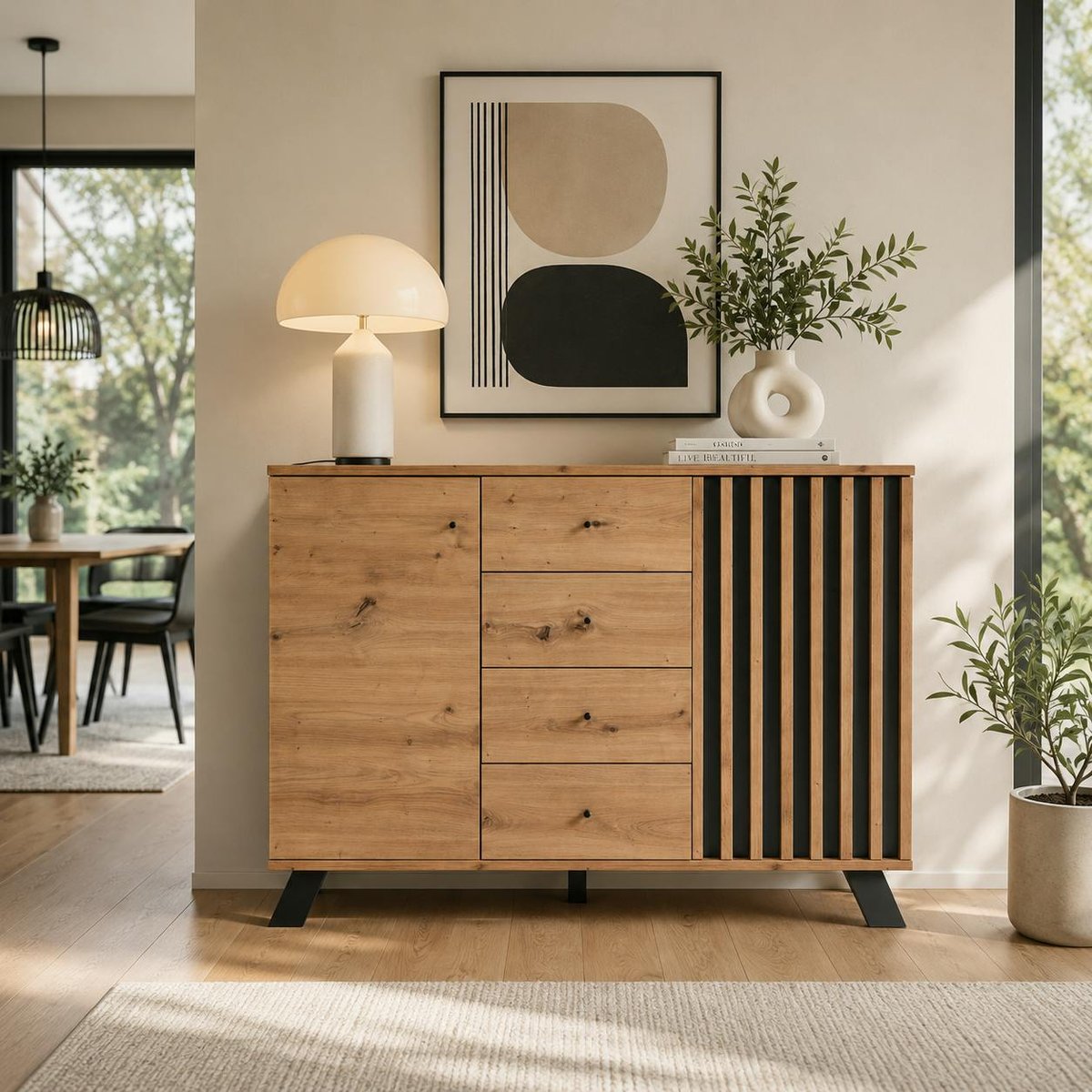 Buffet moderne 1 porte noire rainurée 4 tiroirs ALVA bois naturel, PIER IMPORT