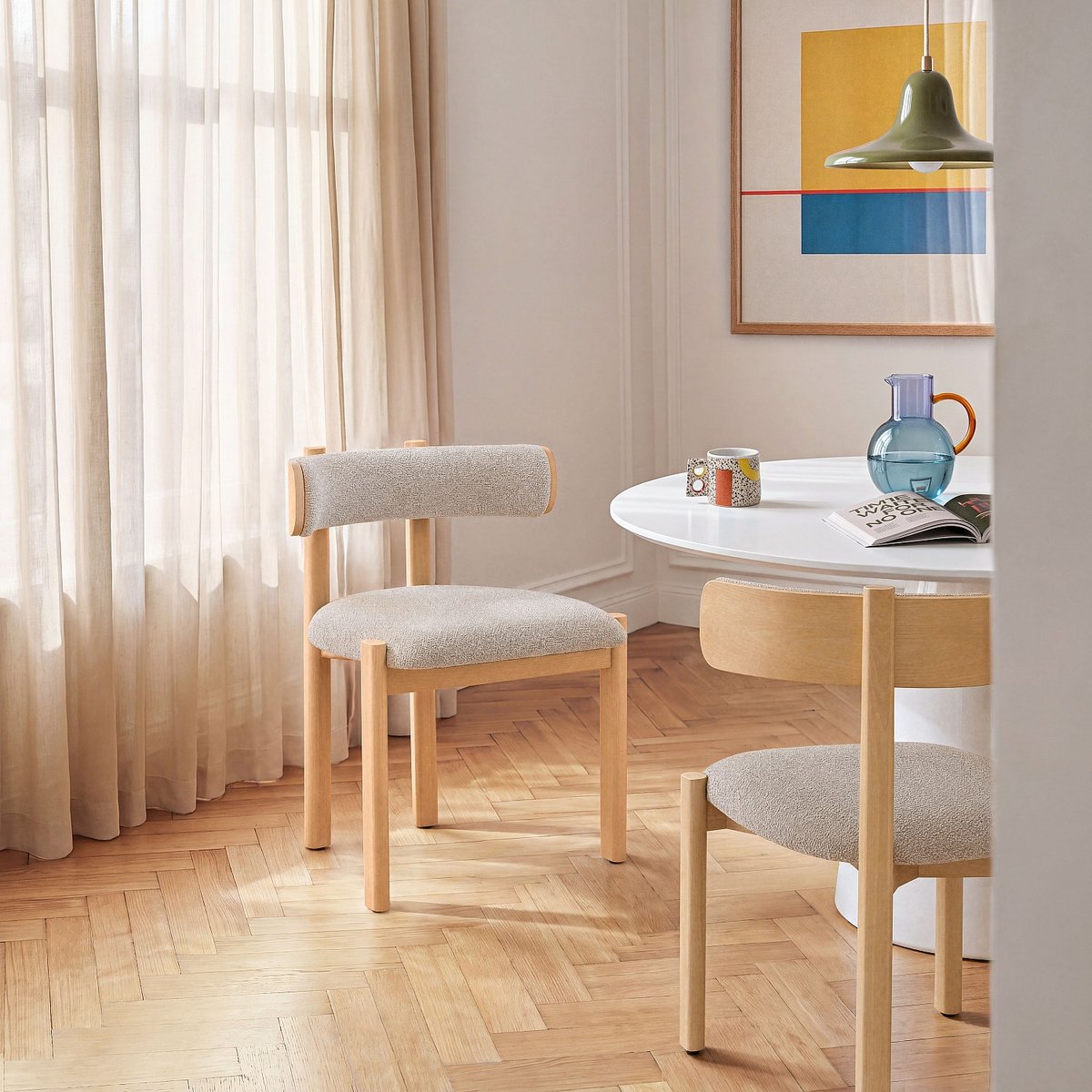 Lot de 2 chaises en tissu et bois massif couleur chêne YOUNA beige, HABITAT