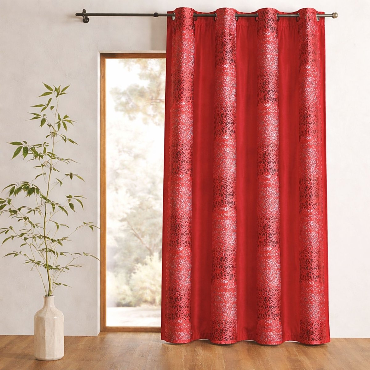Rideau shantung brodé bandes de motifs ethniques rouge orangé, HOME MAISON