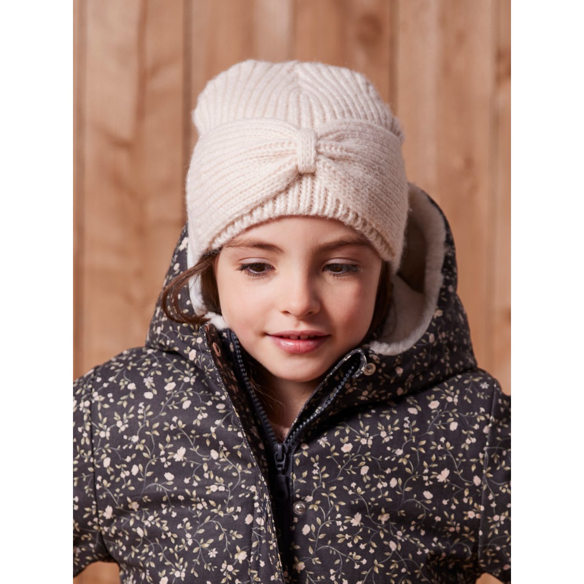 Bonnet en maille côtelée avec noeud fantaisie beige chiné, VERTBAUDET