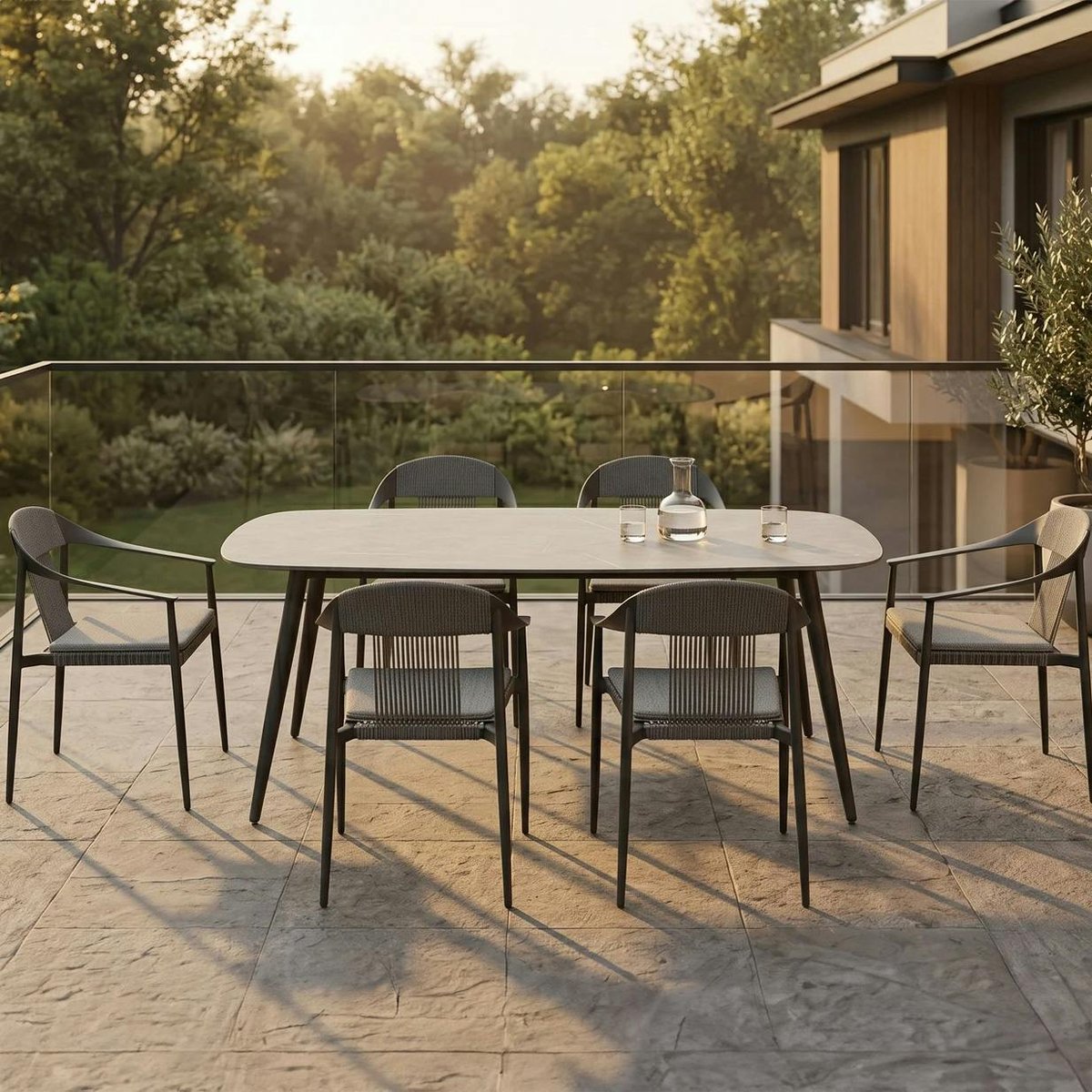 Ensemble repas de jardin 6 places, aluminium et céramique RIO gris, PIER IMPORT