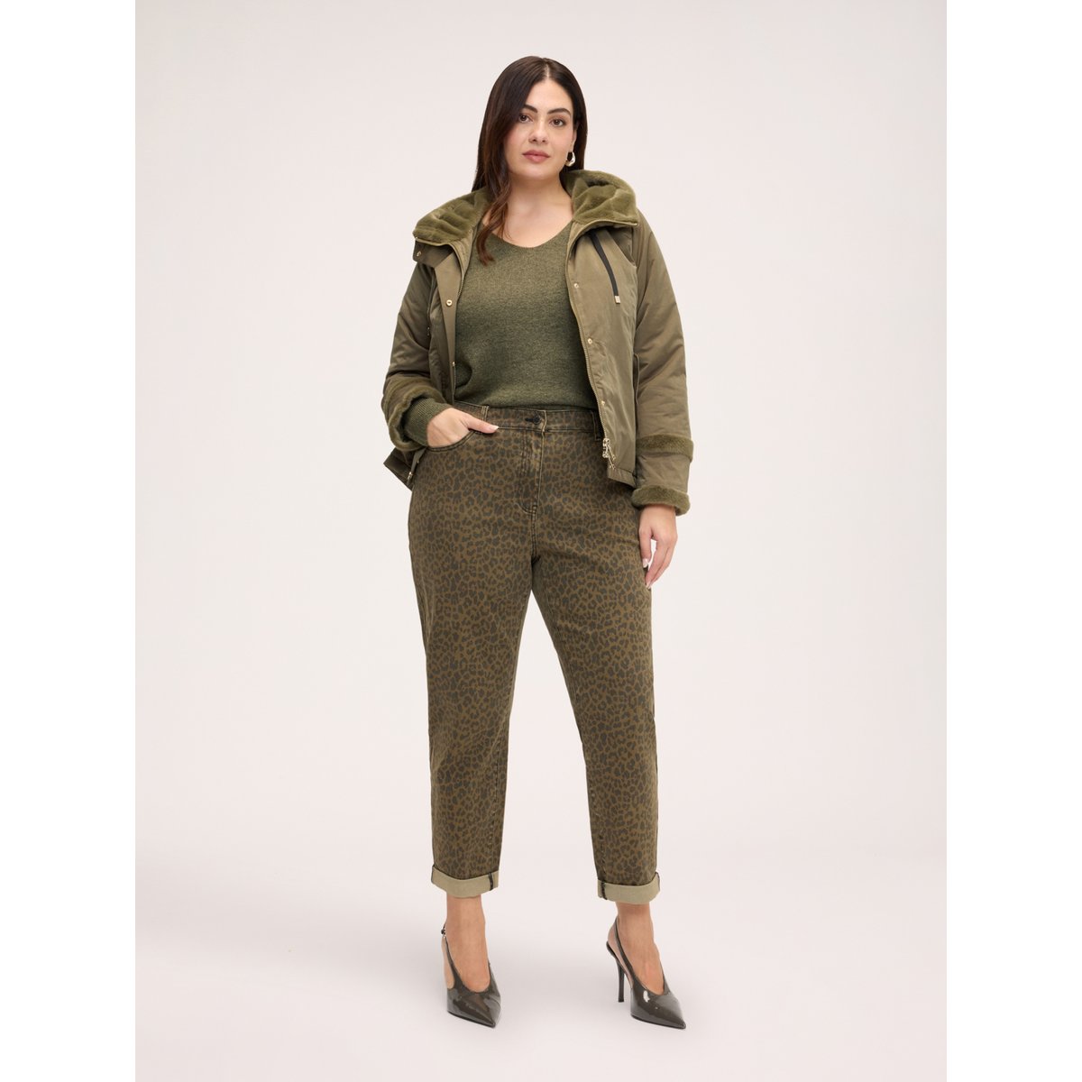 Veste matelassée avec détails en peluche verde militare, FIORELLA RUBINO