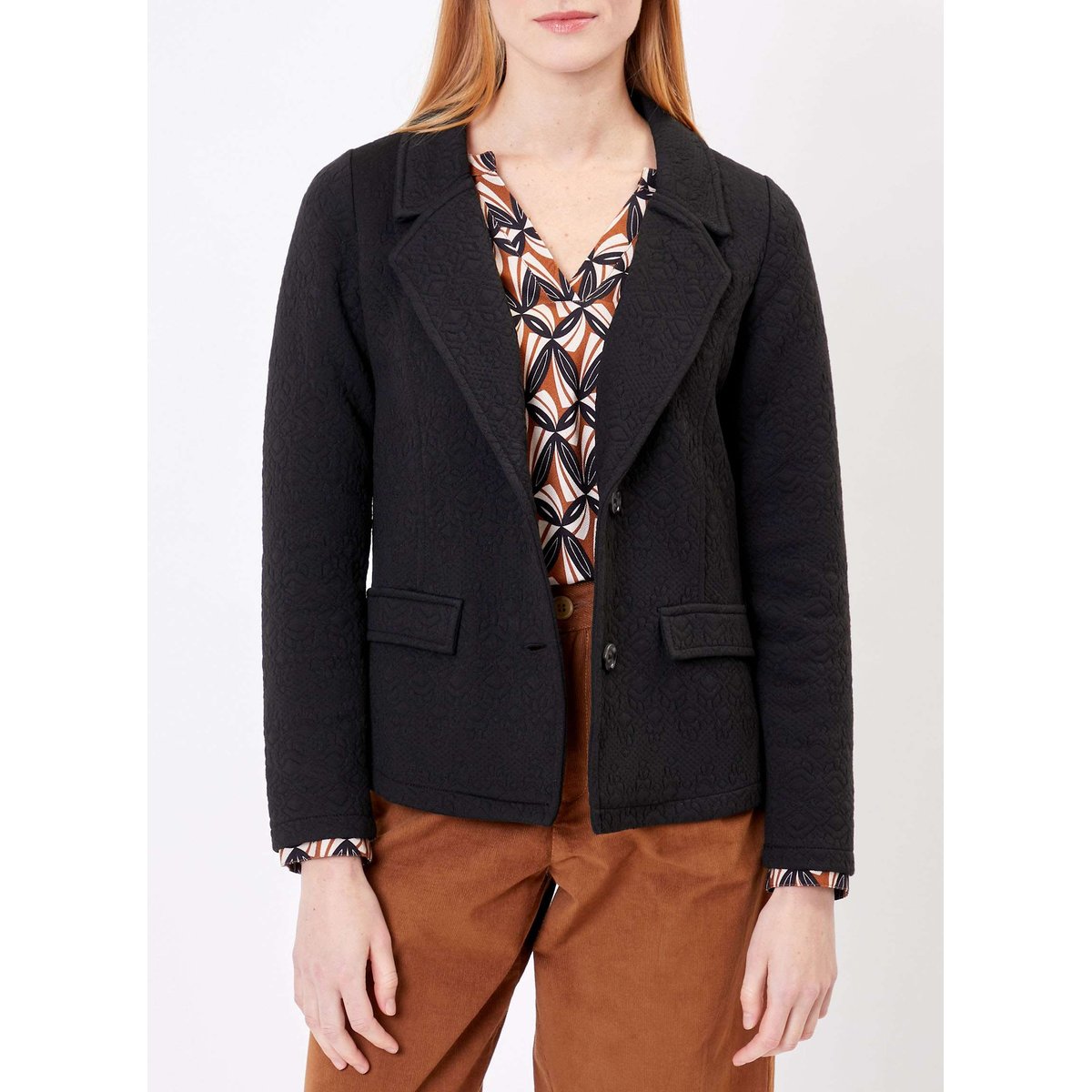 Veste tailleur imprimée en maille jacquard YSEULT noir, PRINCESSE NOMADE