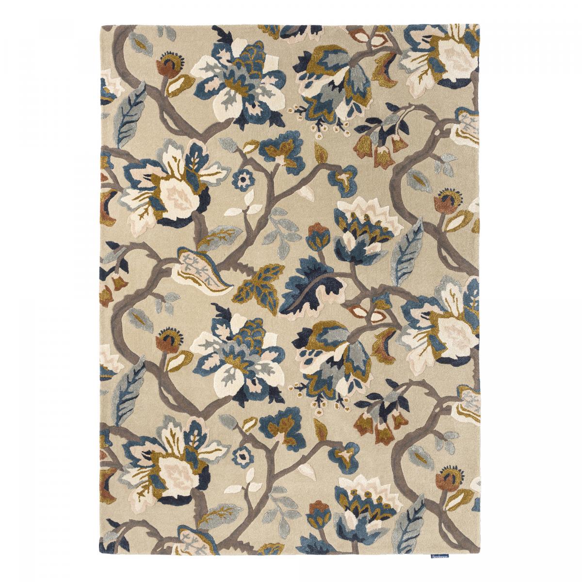 Tapis salon et chambre fait à la main en laine motif floral AMANPIRI beige, bleu, UN AMOUR DE TAPIS