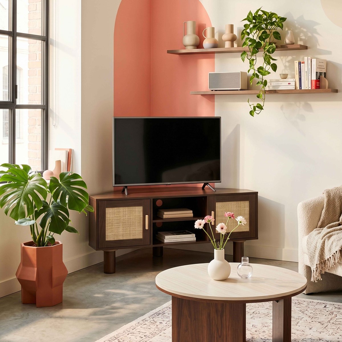 Meuble TV d'angle effet bois et cannage 120 cm en rotin synthétique style bohème, ADAM bois foncé, OVIALA