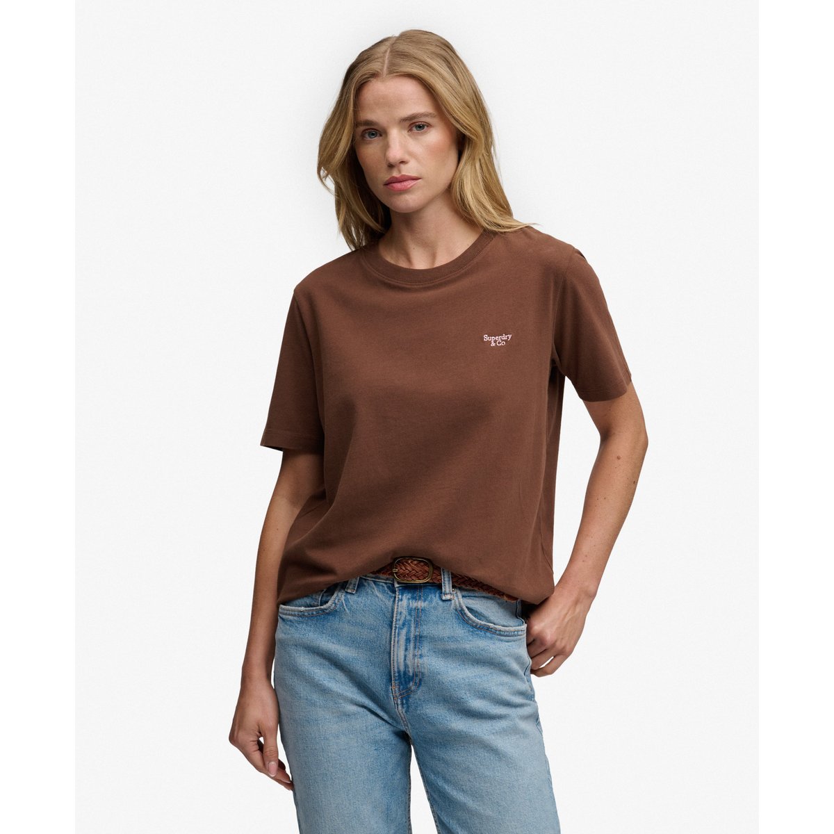 T-shirt Signature Embroidered coupe décontractée marron châtaigne, SUPERDRY