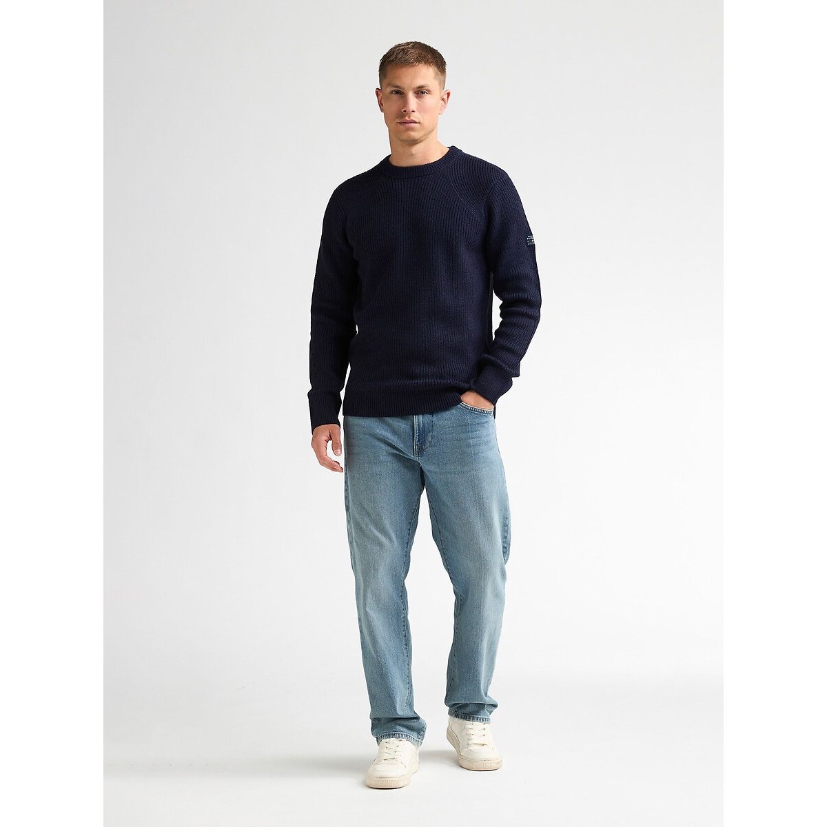 Pull col rond en fine maille bleu marine, PETROL INDUSTRIES