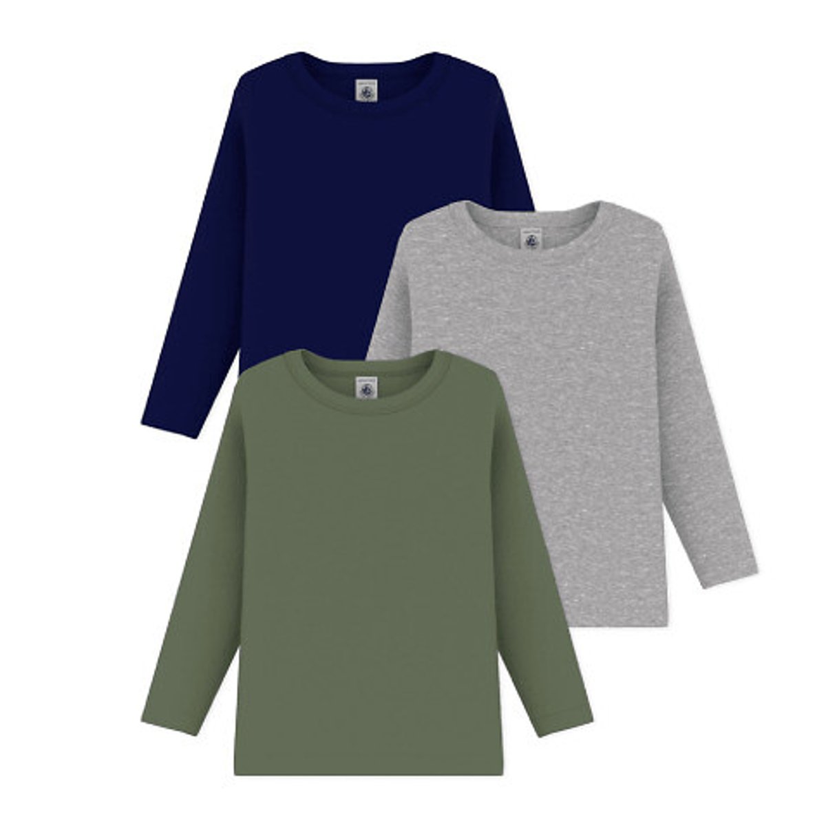 Lot de 3 T-shirts à manches longues bleu marine + kaki + gris, PETIT BATEAU