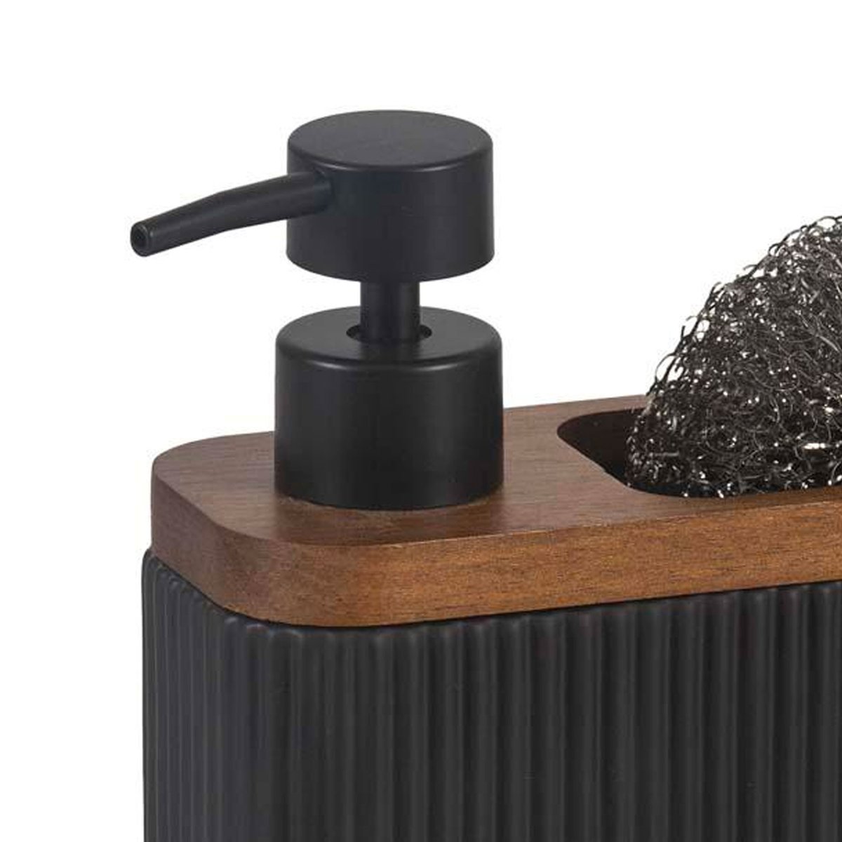 Distributeur liquide vaisselle et porte éponge résine noir et acacia noir, WADIGA