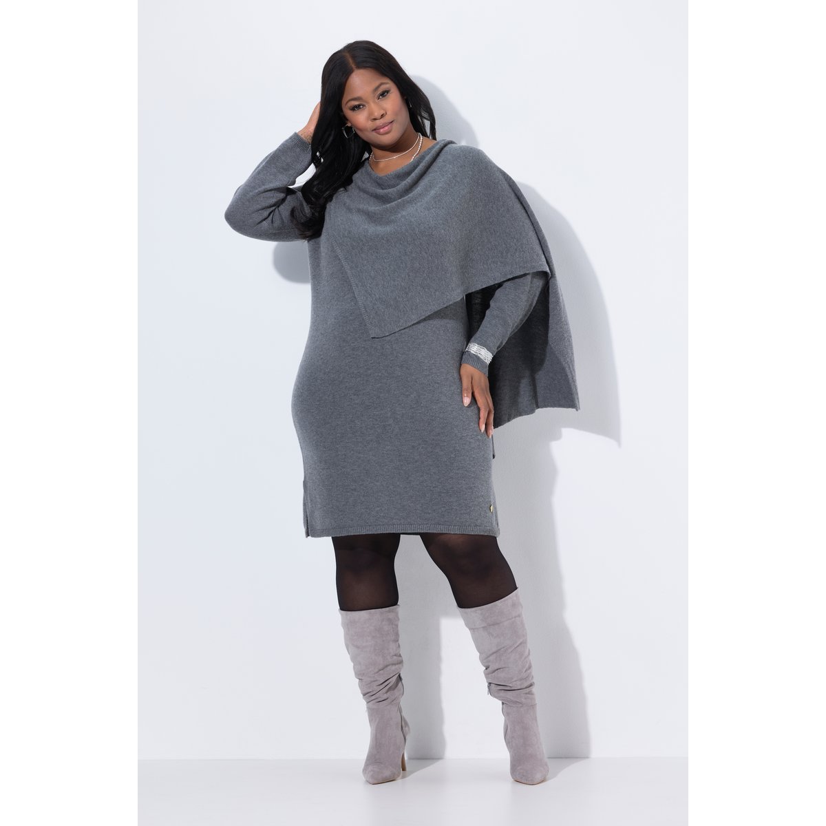 Robe en maille à col V et manches longues chiné gris moyen, ULLA POPKEN