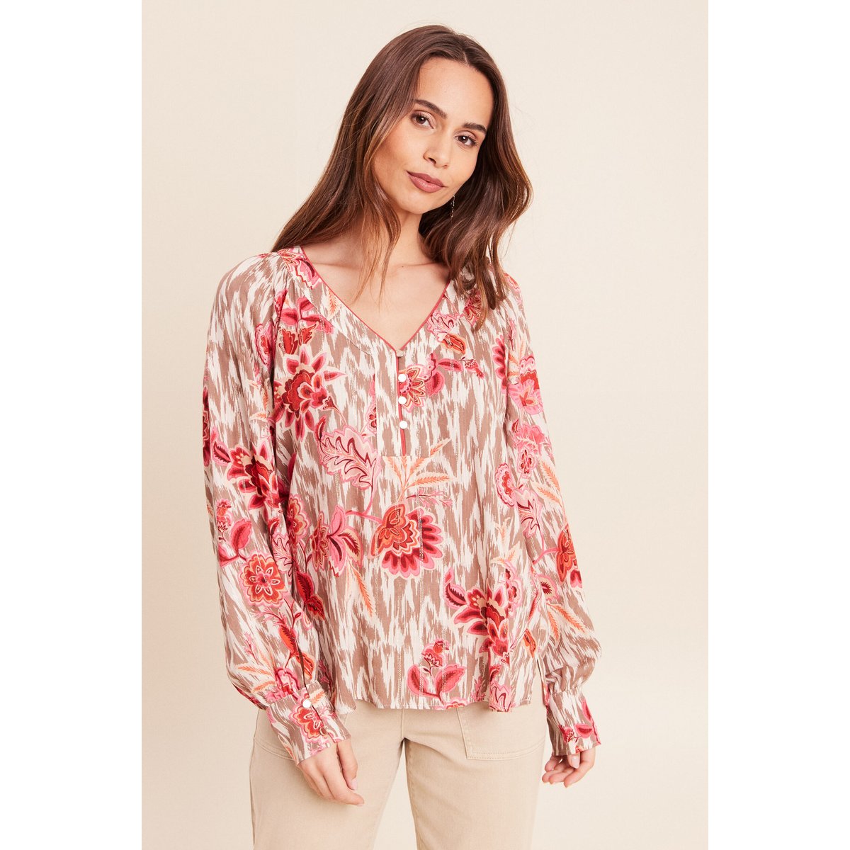Blouse col v manches longues rose, BREAL