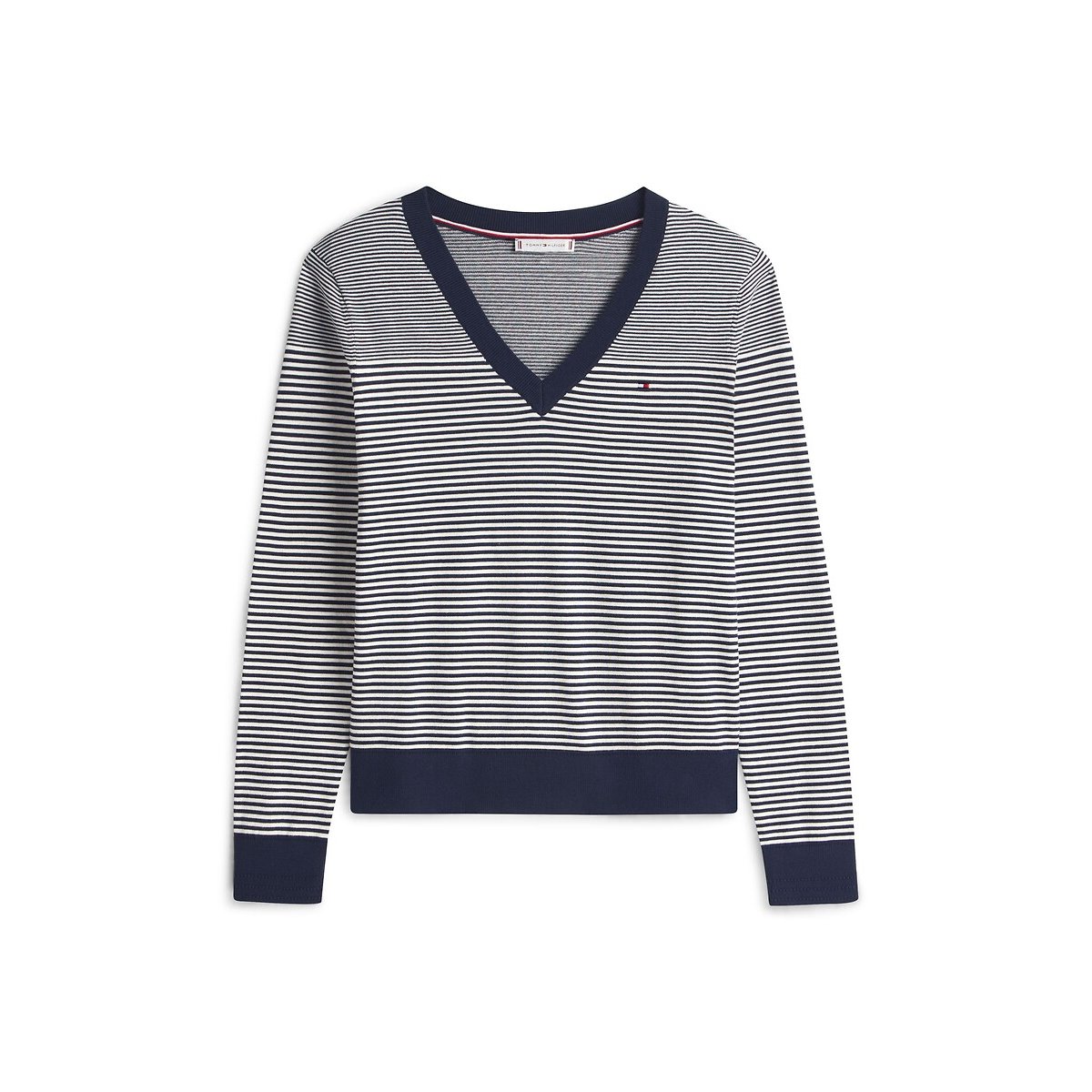 Pull rayé à col V à manches longues marine/écru, TOMMY HILFIGER