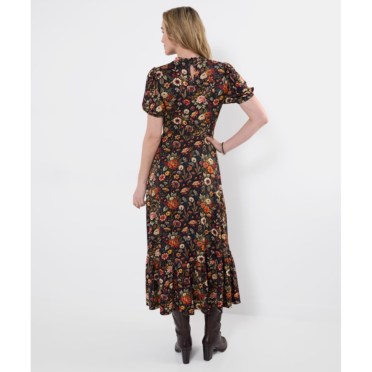 Robe Longue en Jersey à Col Montant Fleurs d'Automne noir, JOE BROWNS