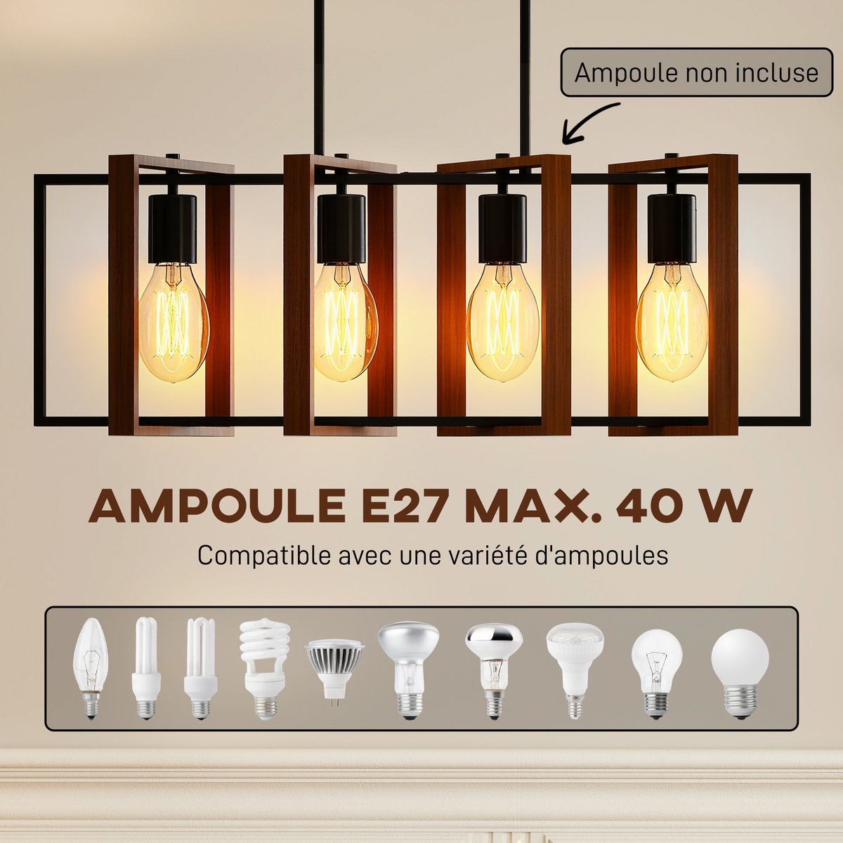 Pendant Light Acier Noyer marron, HOMCOM