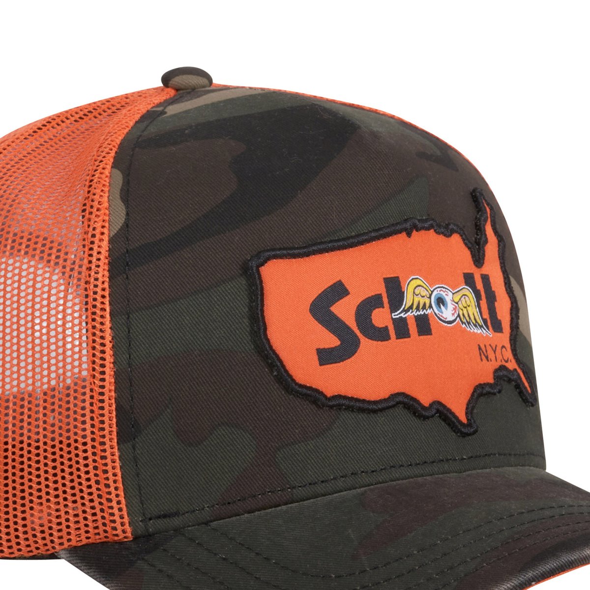 Casquette trucker x Schott NYC kaki/orange/marron, VON DUTCH