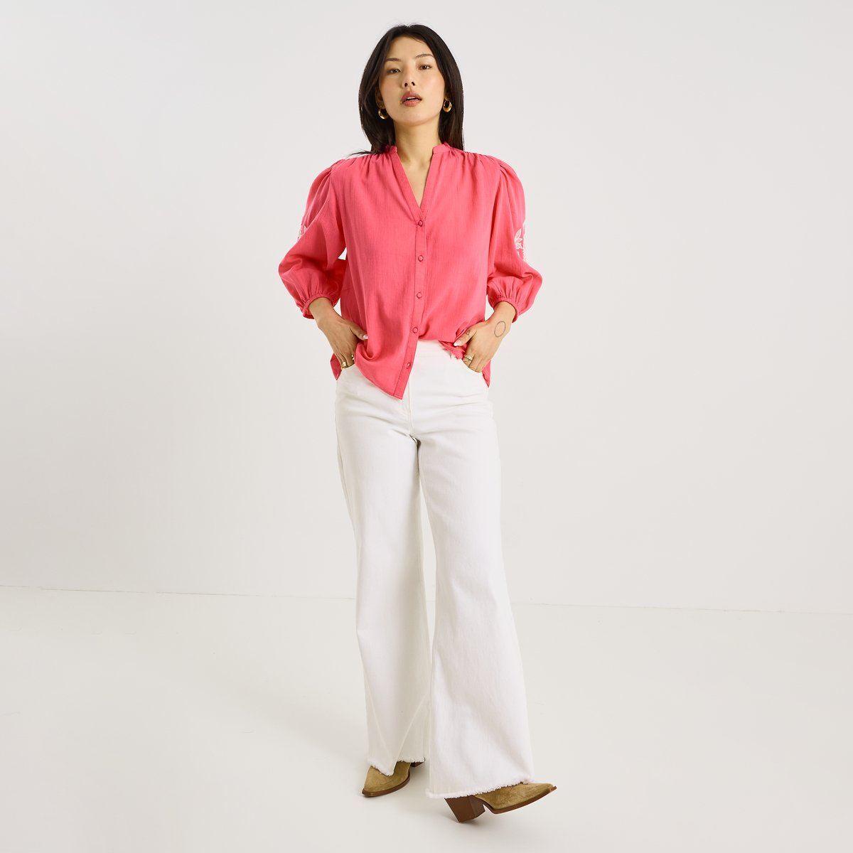 Chemise fluide broderies florales rose, GRAIN DE MALICE