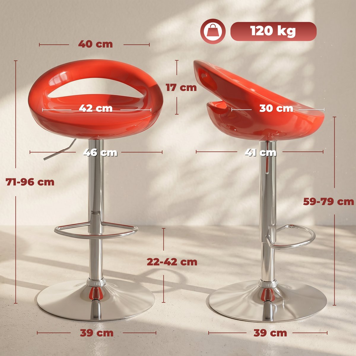 Tabouret de bar ABS Rouge rouge, HOMCOM