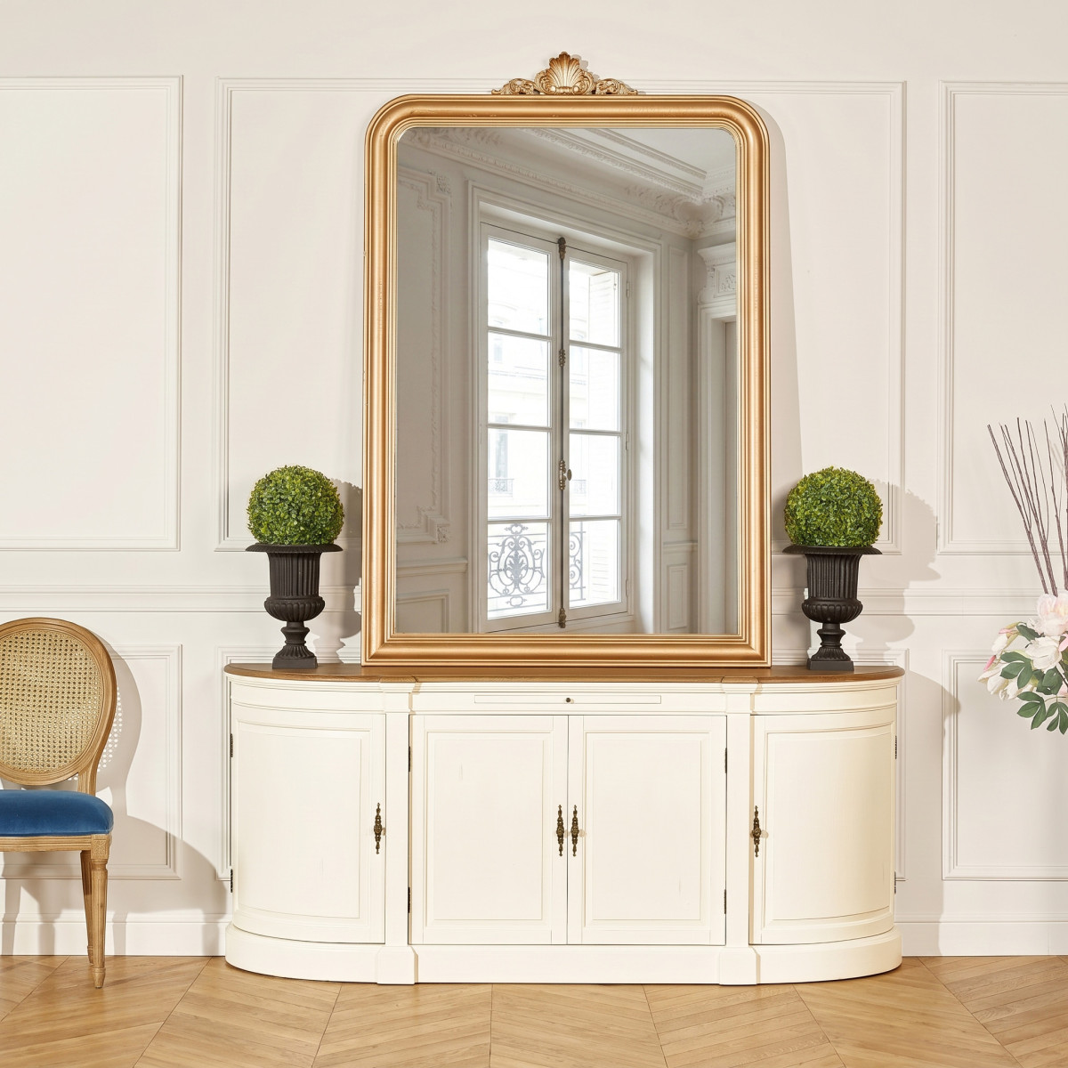 Buffet style shabby chic en bois, 4 portes JOSEPHINE blanc, ROBIN DES BOIS