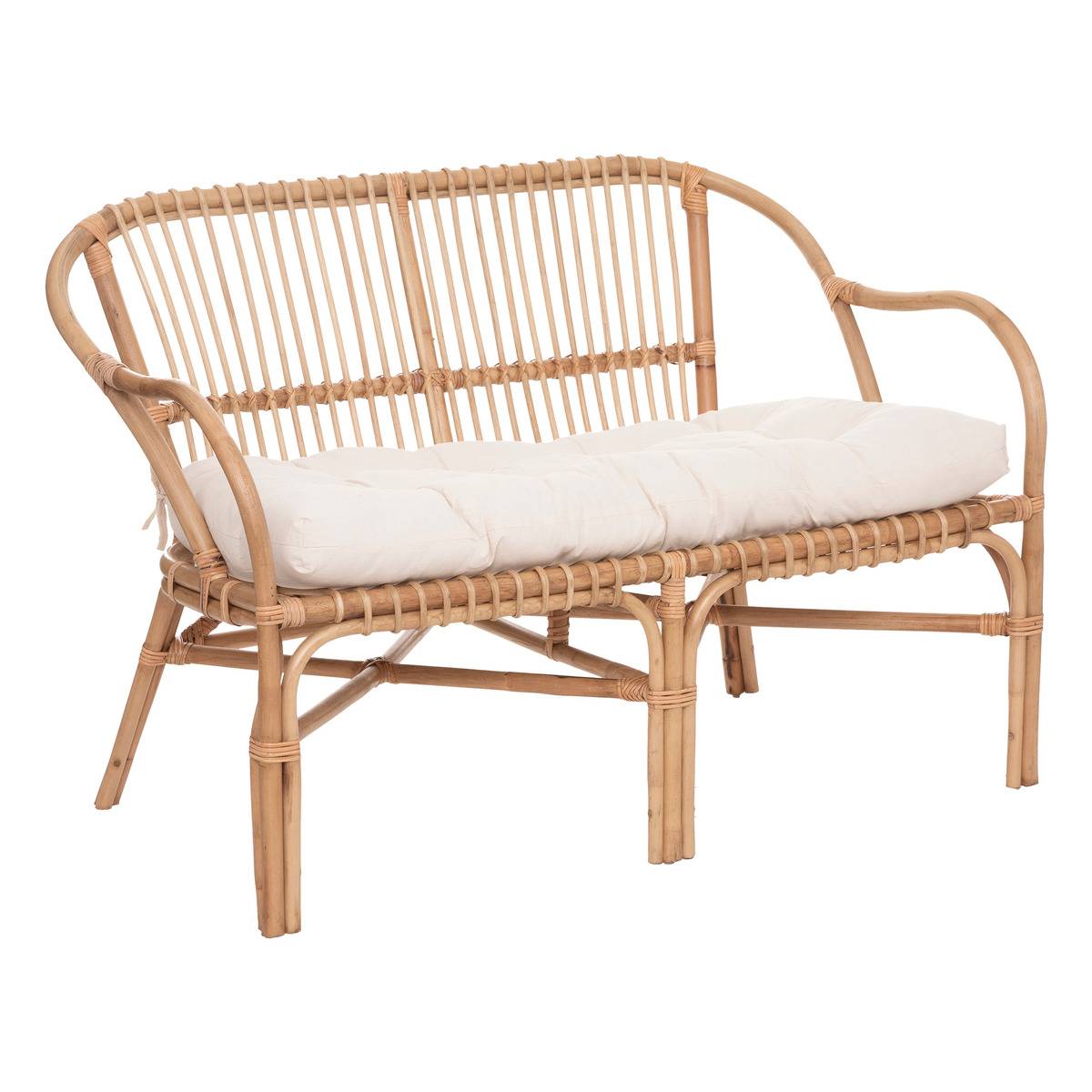Banquette 2 places en rotin avec coussin coton NETA blanc, ATMOSPHERA