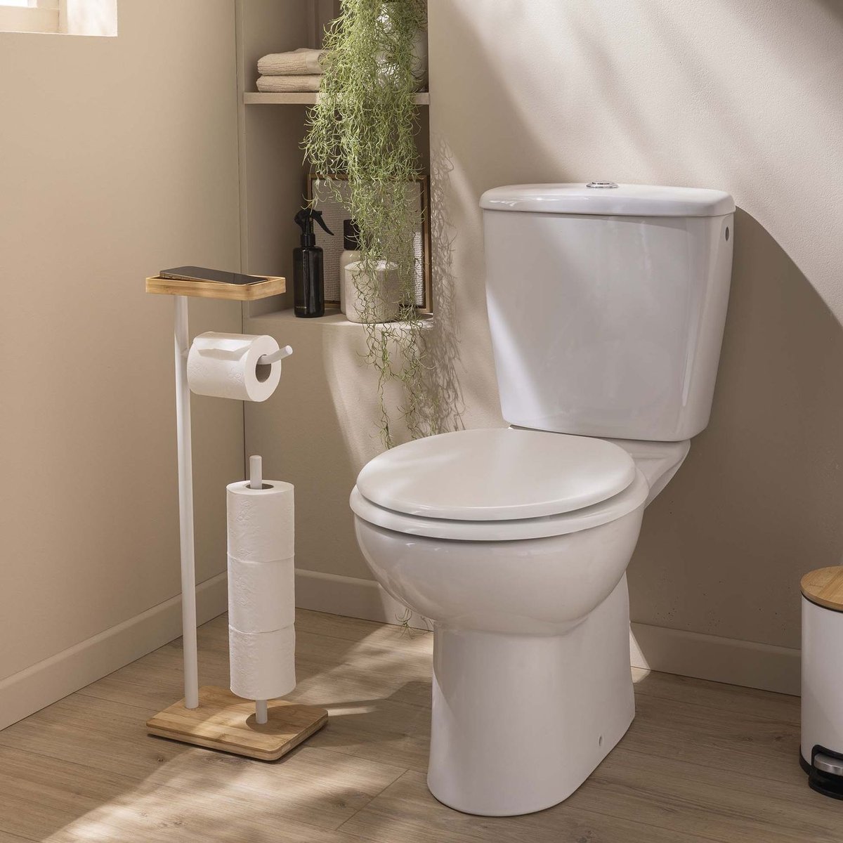 Dérouleur de papier WC en bambou avec porte-téléphone blanc, TOILINUX