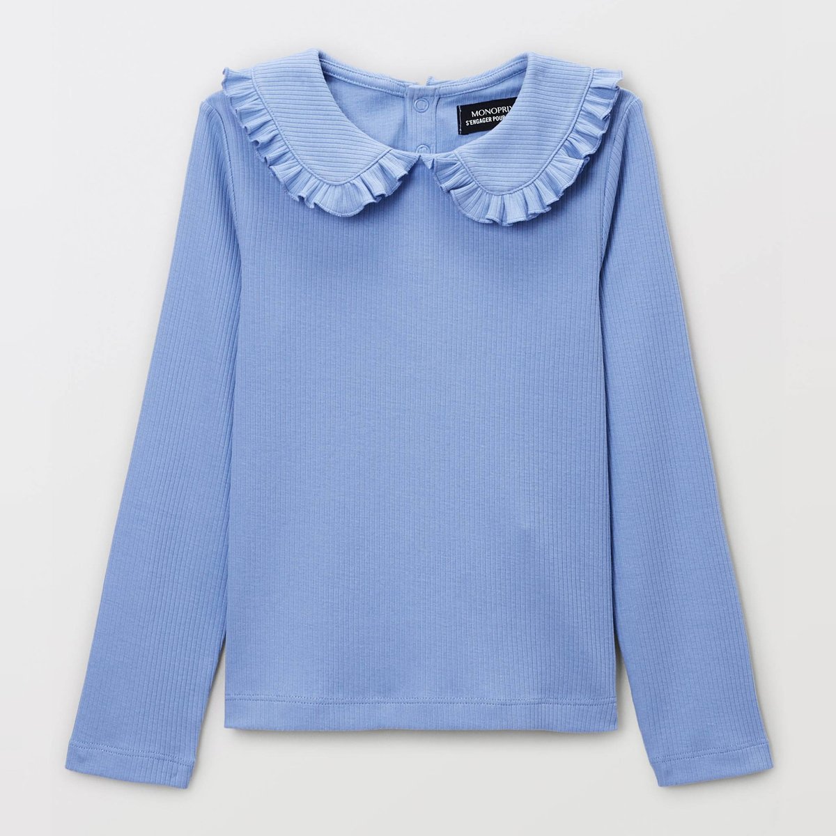 T-shirt manches longues uni col claudine en coton hydrangea, MONOPRIX
