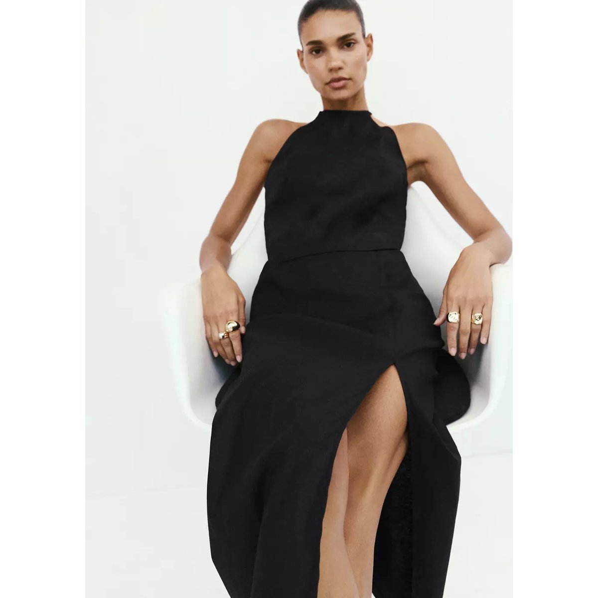 Top halter en lin et coton noir, MANGO