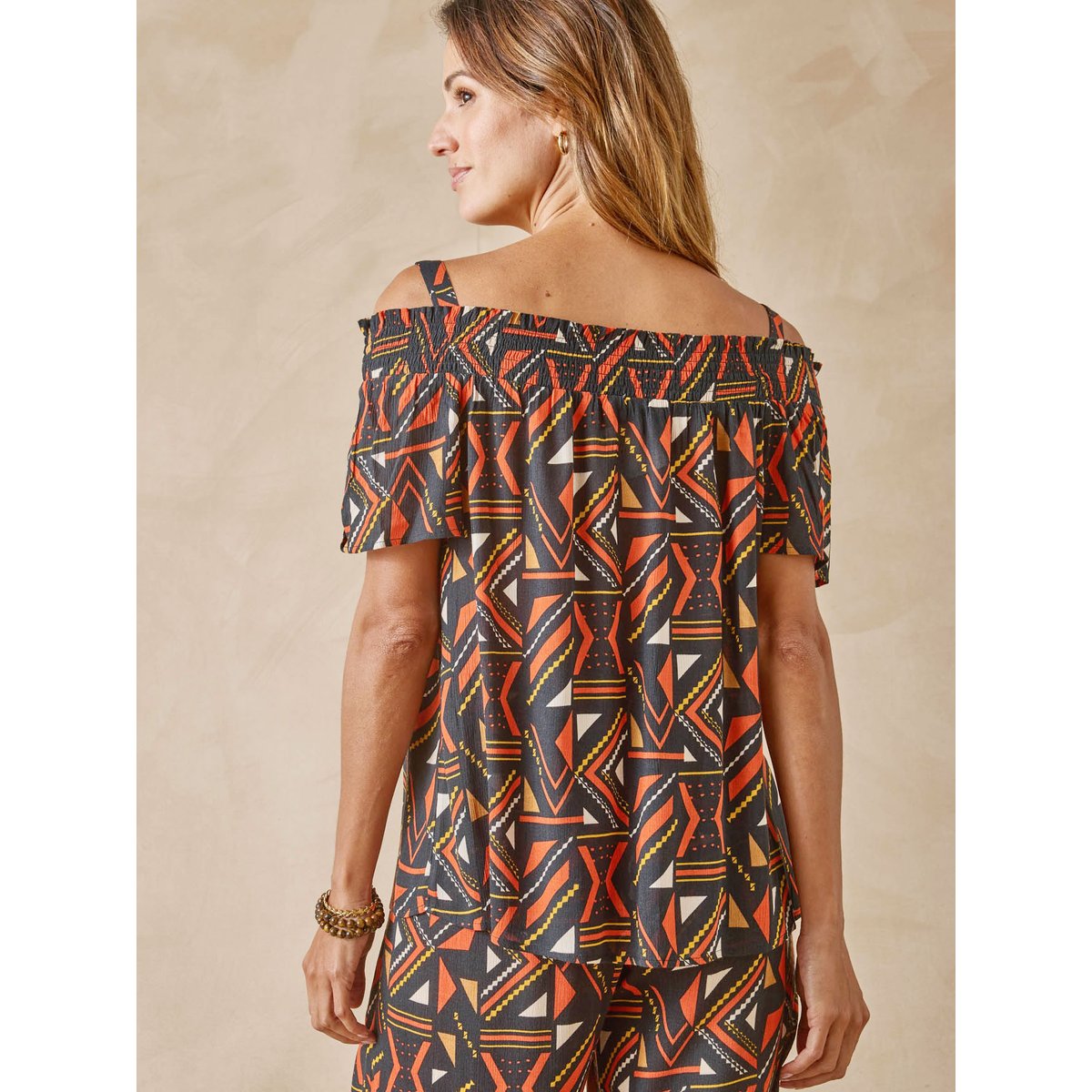 Blouse smockée en crêpe imprimé marron, DAXON