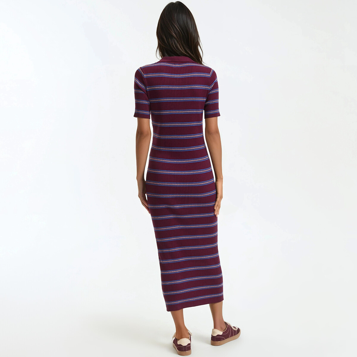 Robe droite rayée en maille, longue, manches courtes rayé bordeaux, LA REDOUTE COLLECTIONS