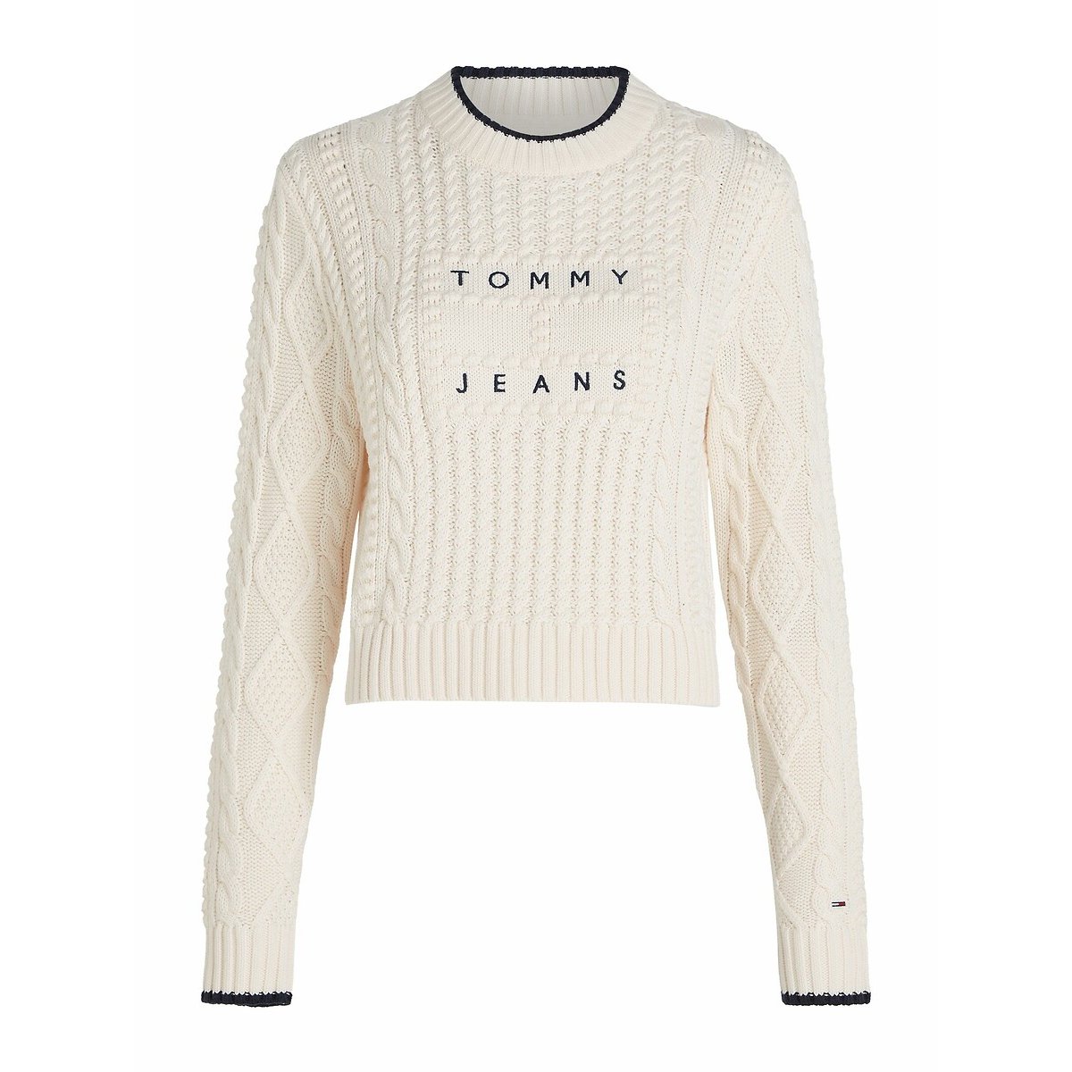 Cable Knit Cropped Jumper in Cotton Mix off-white, TOMMY JEANS