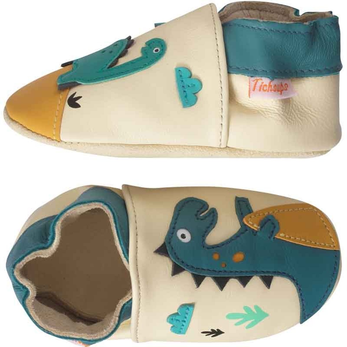 Chaussons bébé cuir souple Théodore et Isaure les dinosaures beige, TICHOUPS