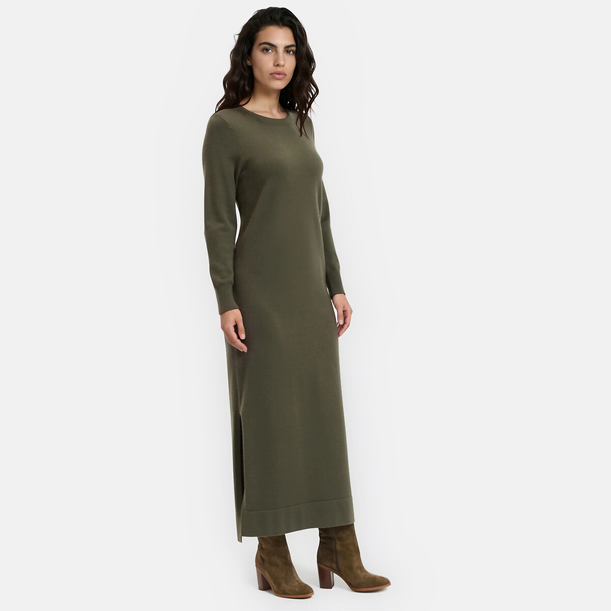 Robe pull, longue, manches longues vert kaki, LA REDOUTE COLLECTIONS