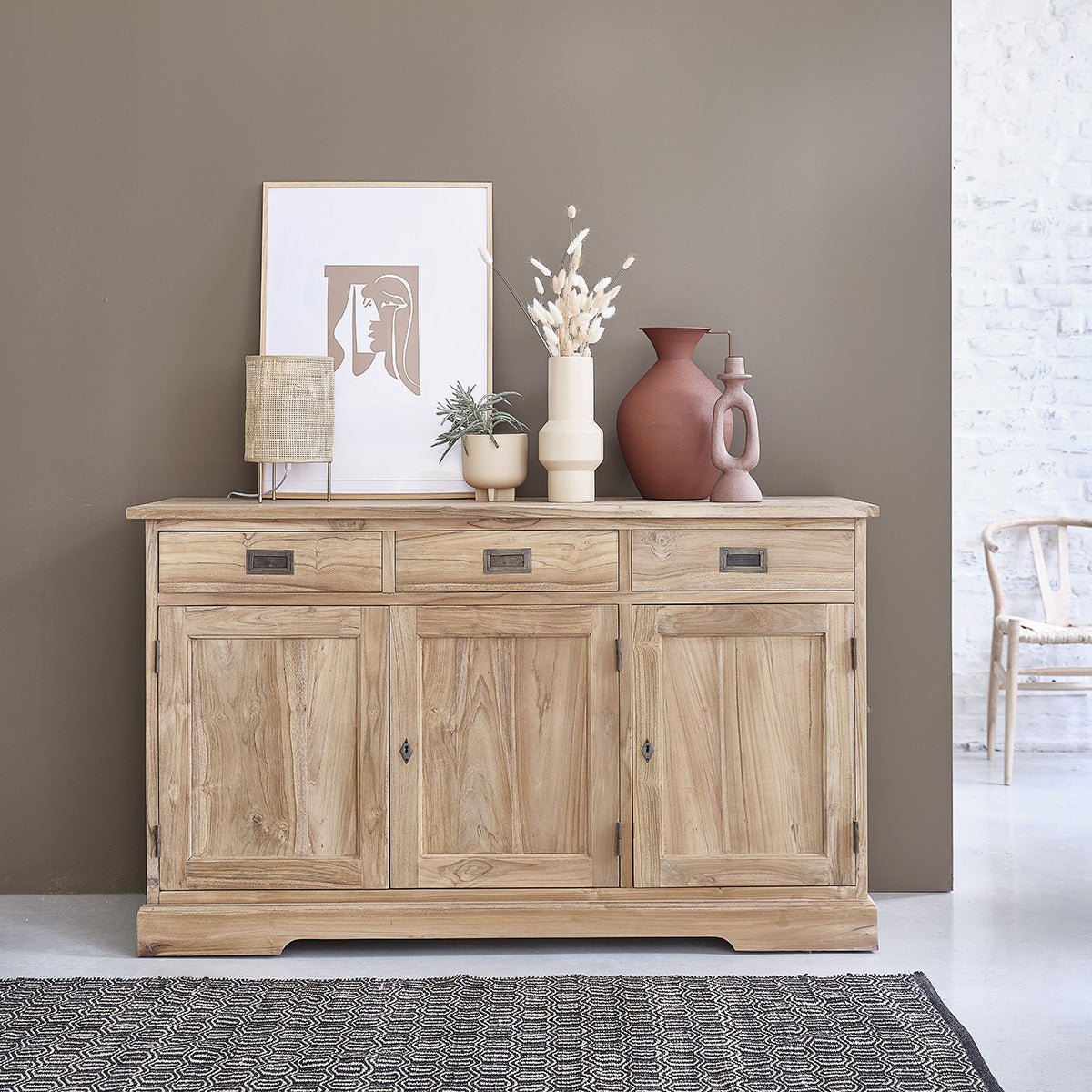 Commode en teck massif 150 cm 3 portes 3 tiroirs BOSTON naturel, BERAH GETAH
