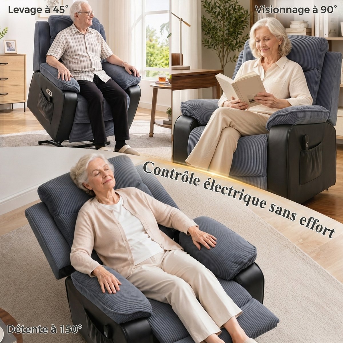 Fauteuil releveur multifonctionnel Velours gris foncé, HOMCOM
