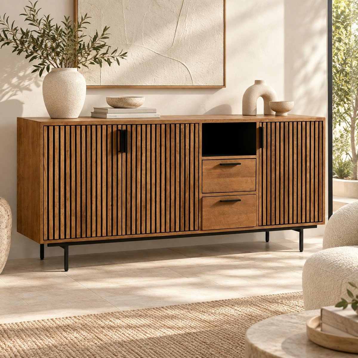 Bahut contemporain teck recyclé 3 portes rainurées FANO bois naturel, PIER IMPORT