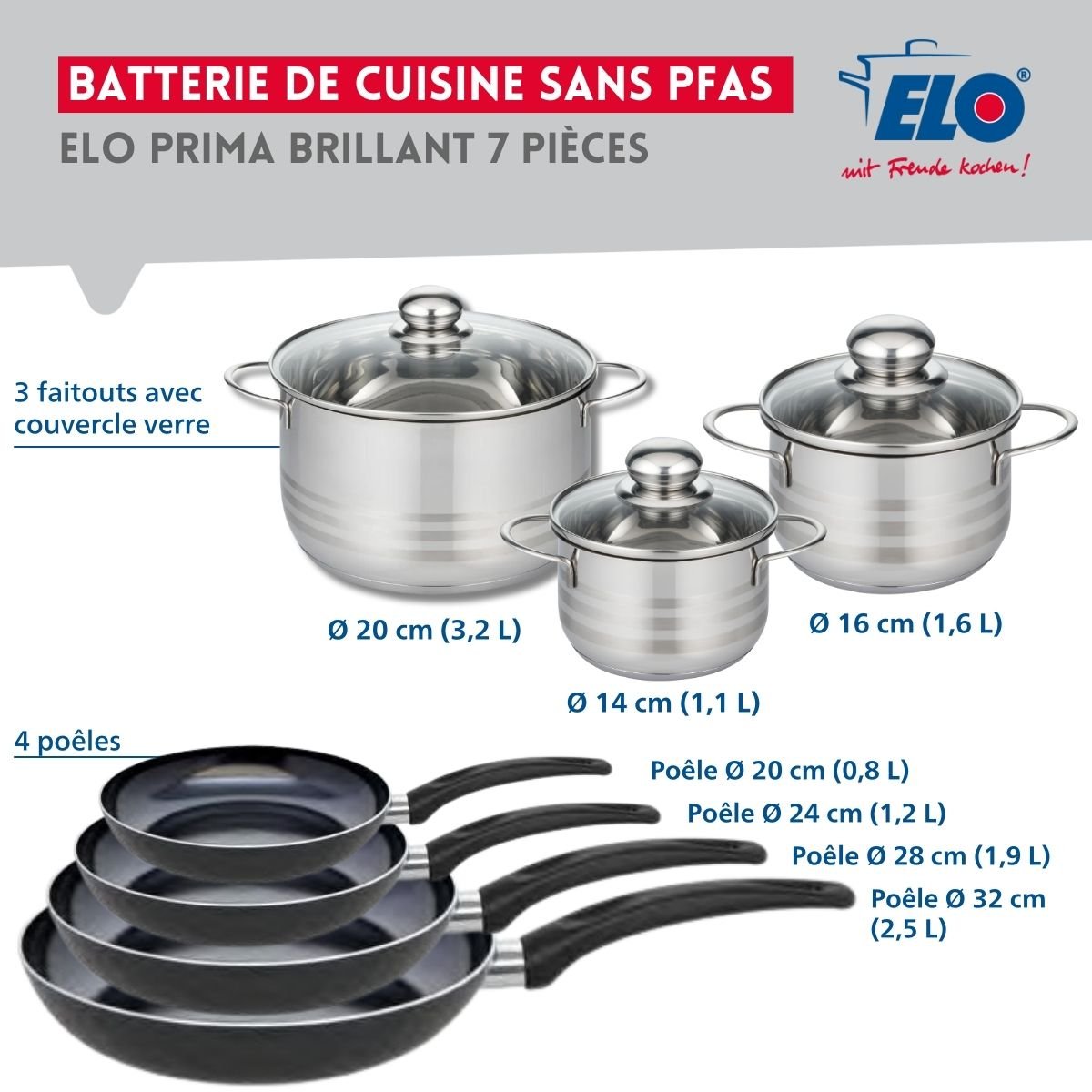 4 poêles 20/24/28/32cm + 3 faitouts 14/16/20cm PRIMA BRILLANT noir, ELO