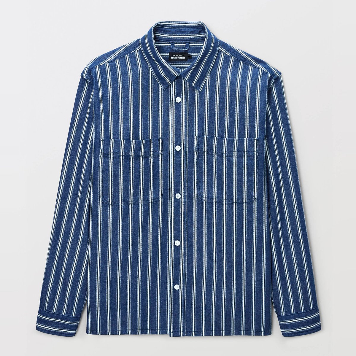 Chemise manches longues rayée en jean en coton BIO GOTS brut, MONOPRIX