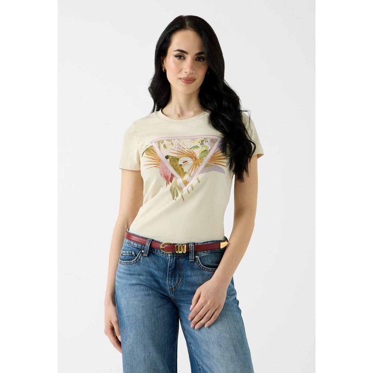 T-Shirt Avec Logo En Strass crème, GUESS