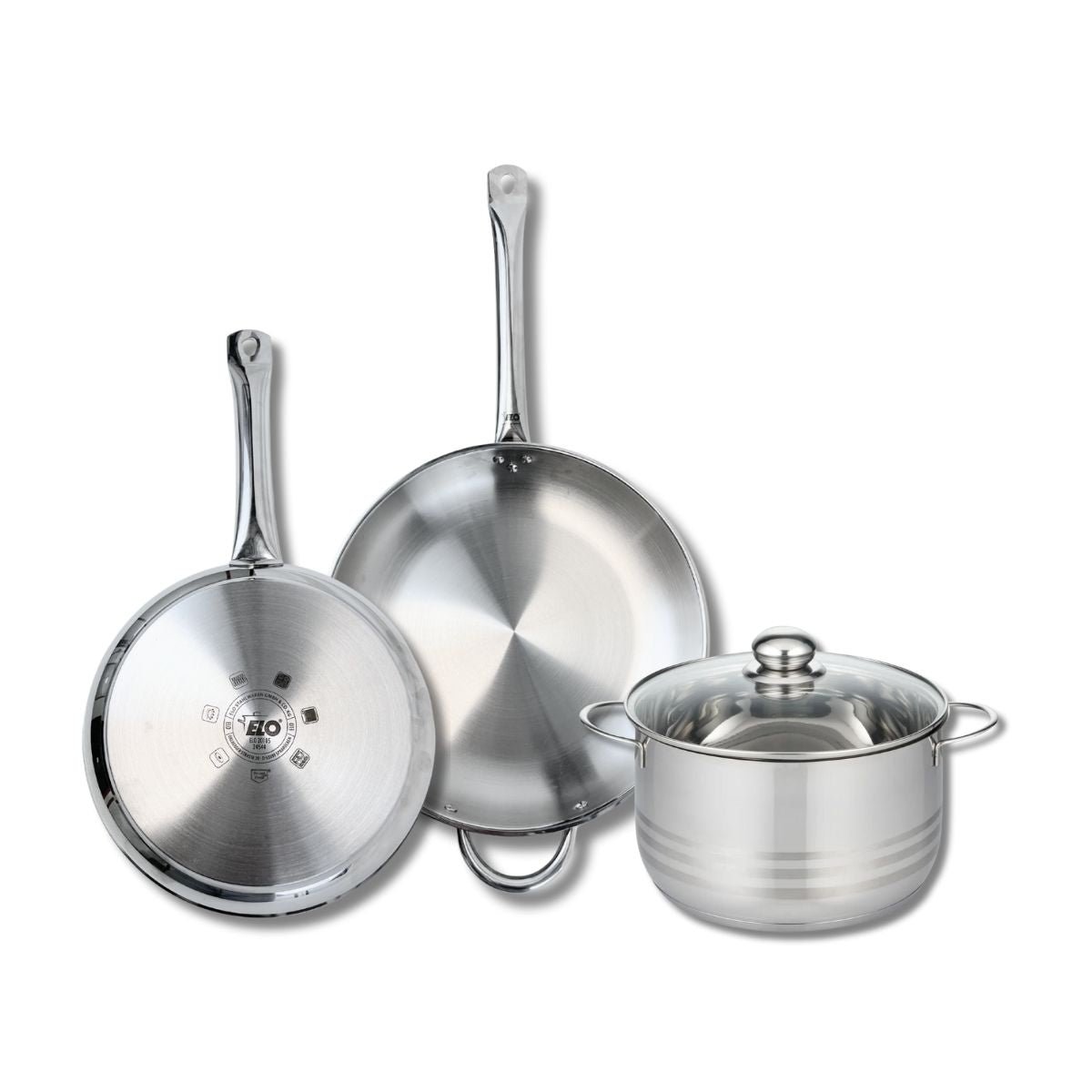 Batterie 2 poêles 28/32cm + 1 faitout 24cm PROFI BRILLANT inox, ELO