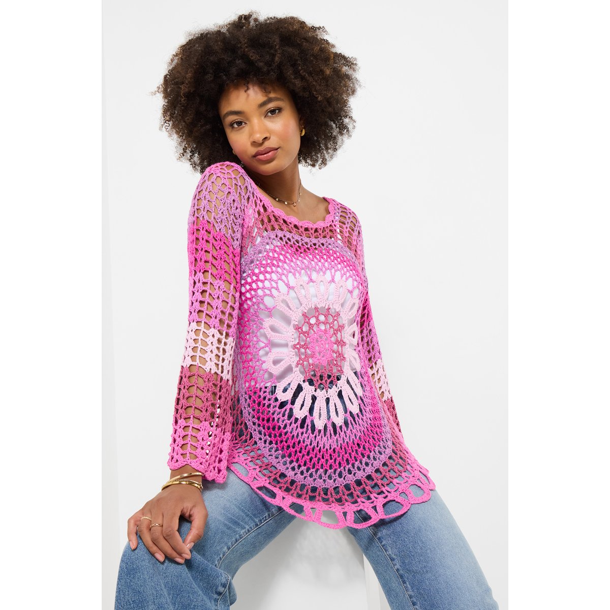 Pull en crochet à manches longues avec encolure dégagée rose, JOE BROWNS