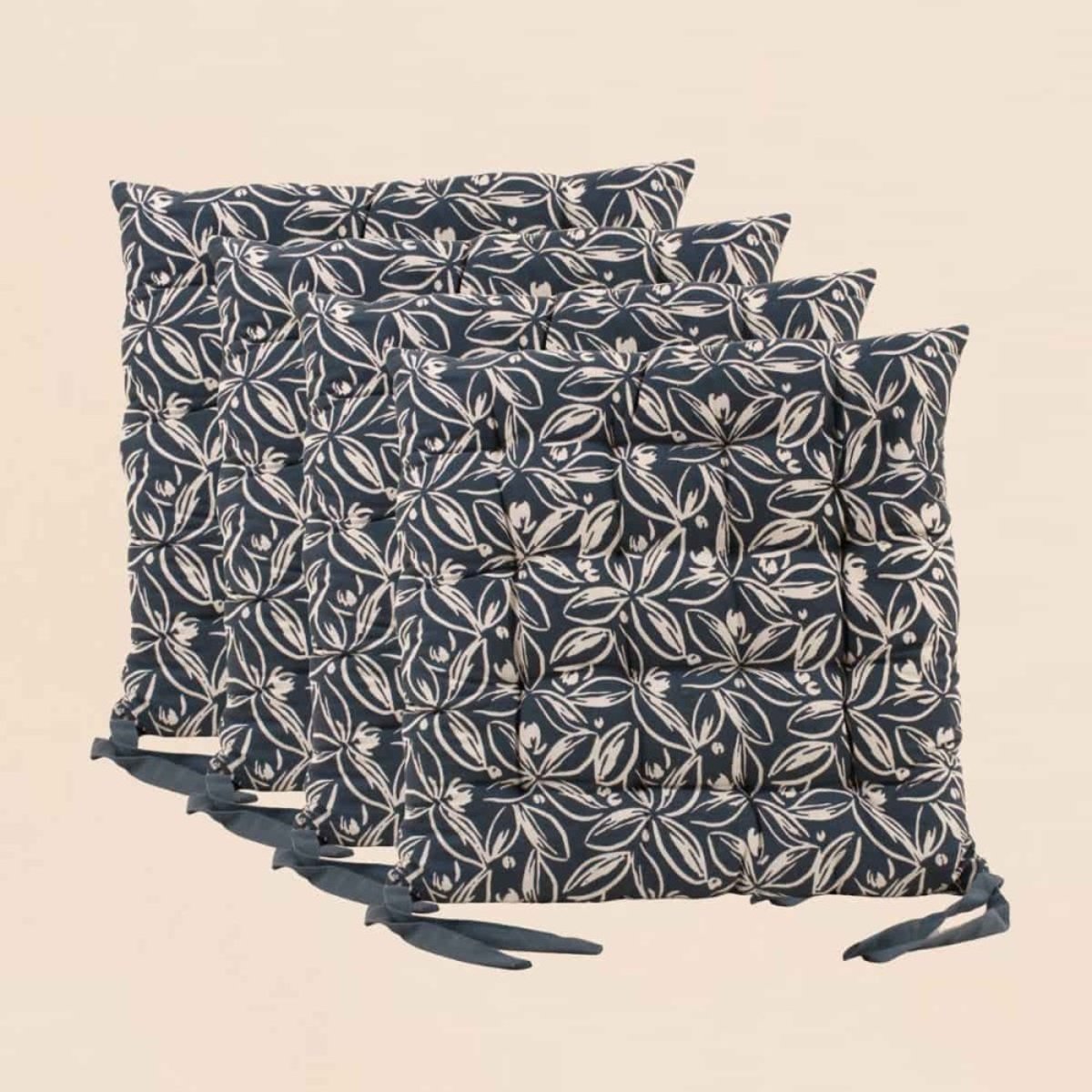 Lot de 4 galettes de chaise en coton à motifs bleu, ORNAMI