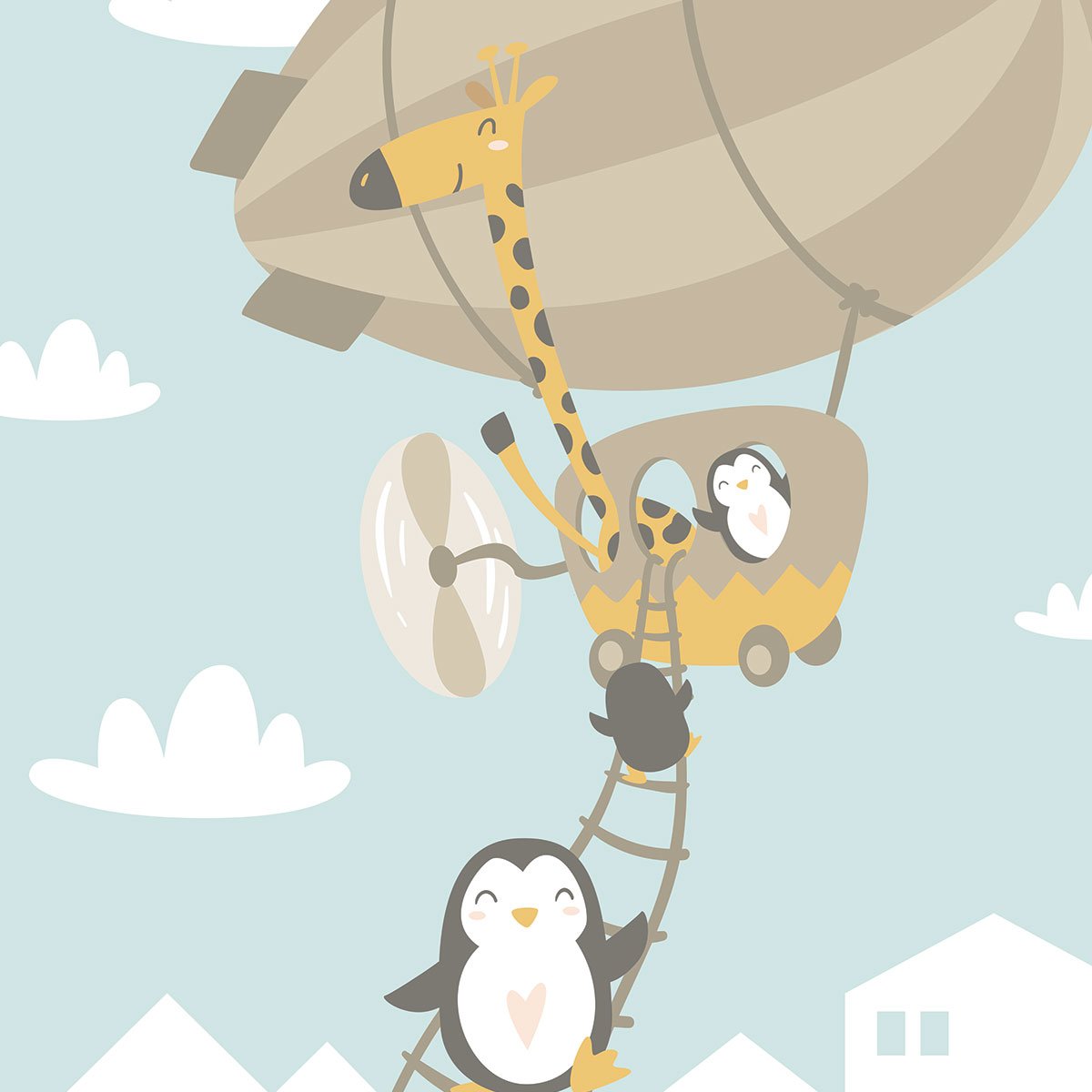 Papier peint enfant animaux en montgolfiere intissé, HEXOA