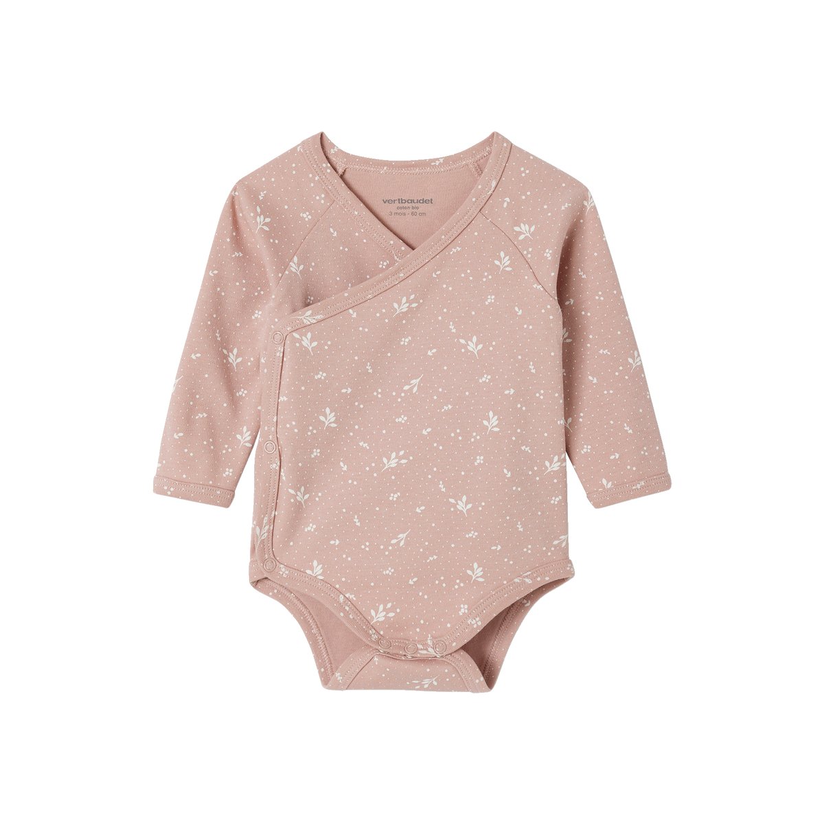 Lot 5 bodies "coeur" manches longues ouverture naissance en coton bio rose pâle, VERTBAUDET