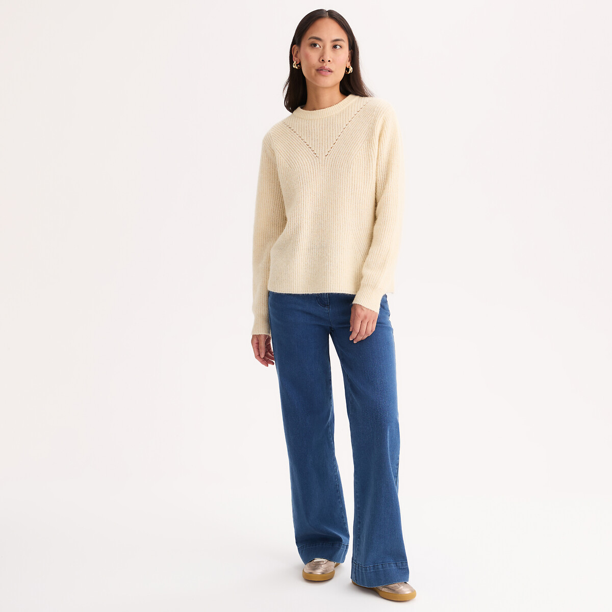 Pull col rond, en grosse maille, en laine et alpaga mélangés ivoire, ANNE WEYBURN