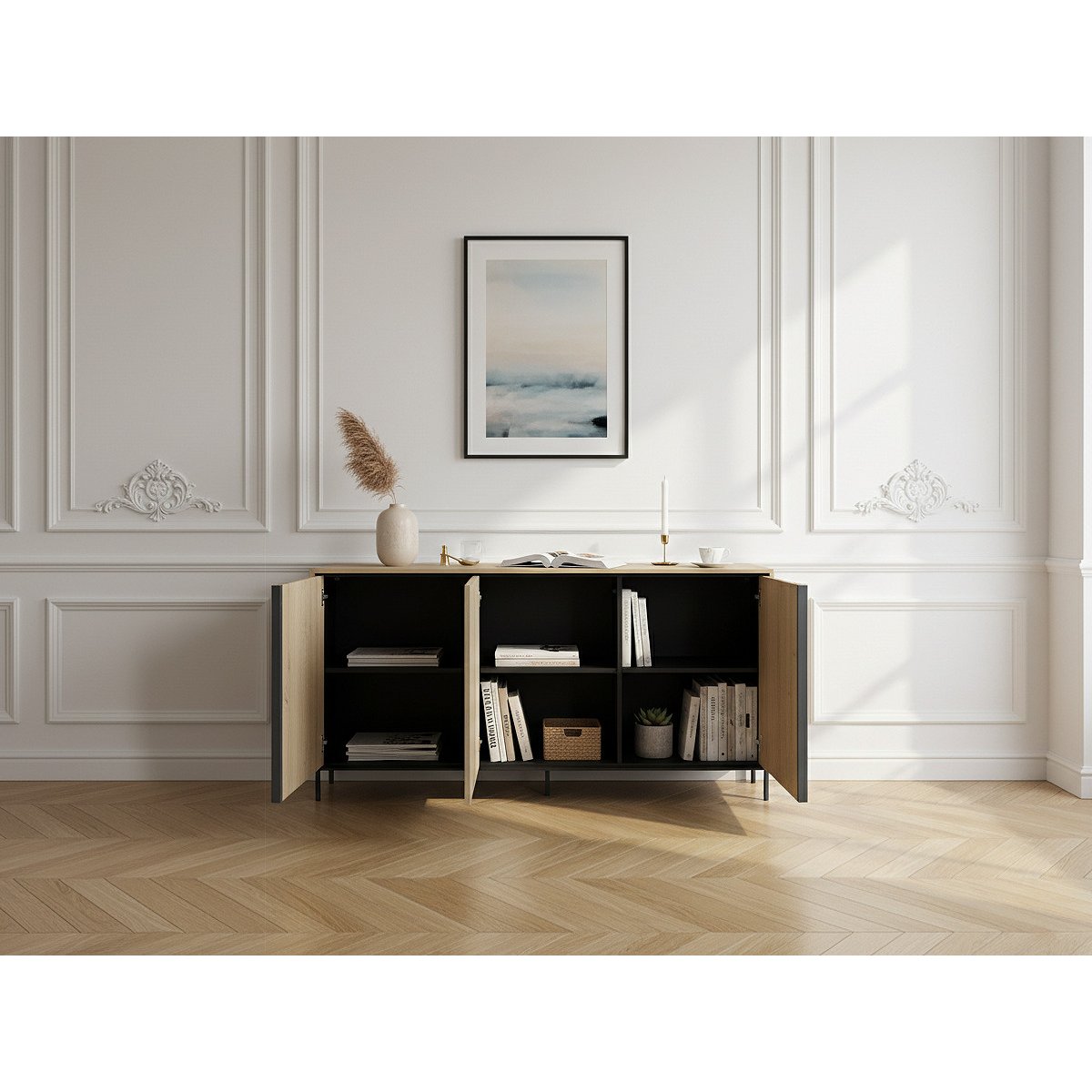 Buffet en panneaux de particules 3 portes 167 cm, TILIA chêne et noir, BOBOCHIC