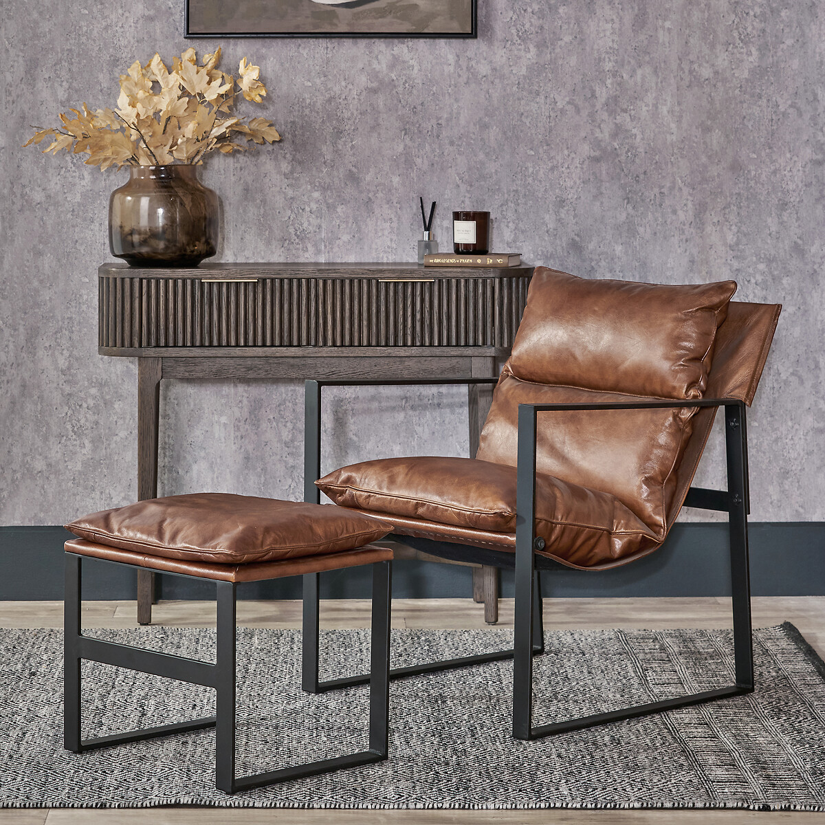 Noma Vintage Leather Accent Chair & Footstool caramel, SO'HOME