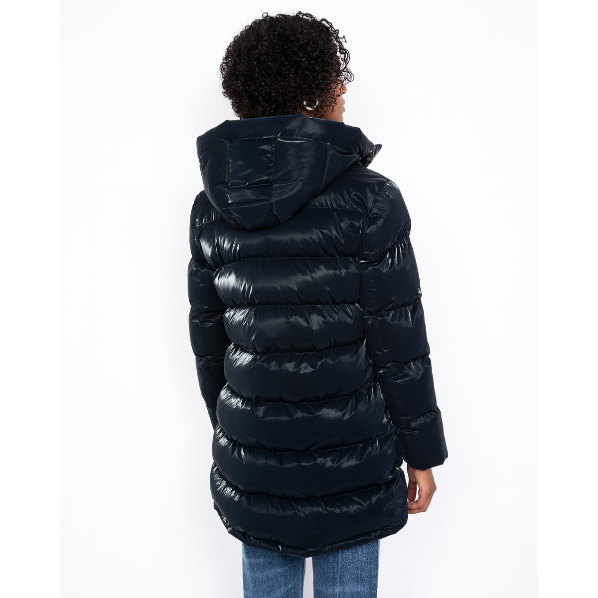 Doudoune longue à capuche effet satinée bleu marine, SCHOTT